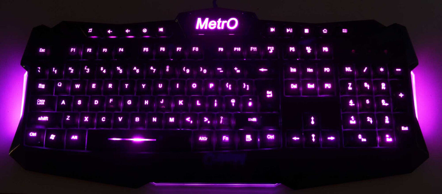 Metro Aura Illuminated Backlit LED UK USB Wired Gaming Style Keyboard 3 Colour