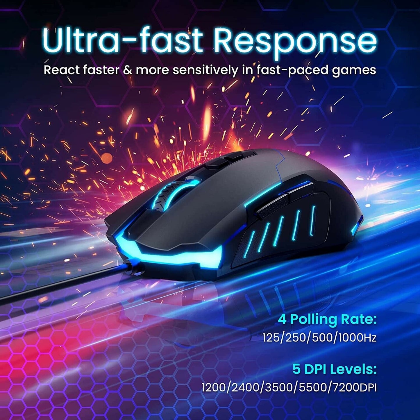 RGB LED Wired Gaming Mouse 7200dpi Programmable 8 Button Victsing T7