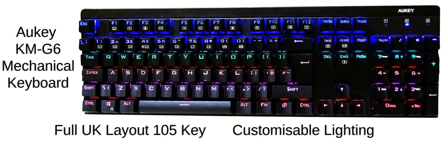 Mechanical Keyboard LED Illuminated  Blue Switches Aukey KM-G6 UK Layout 105 key