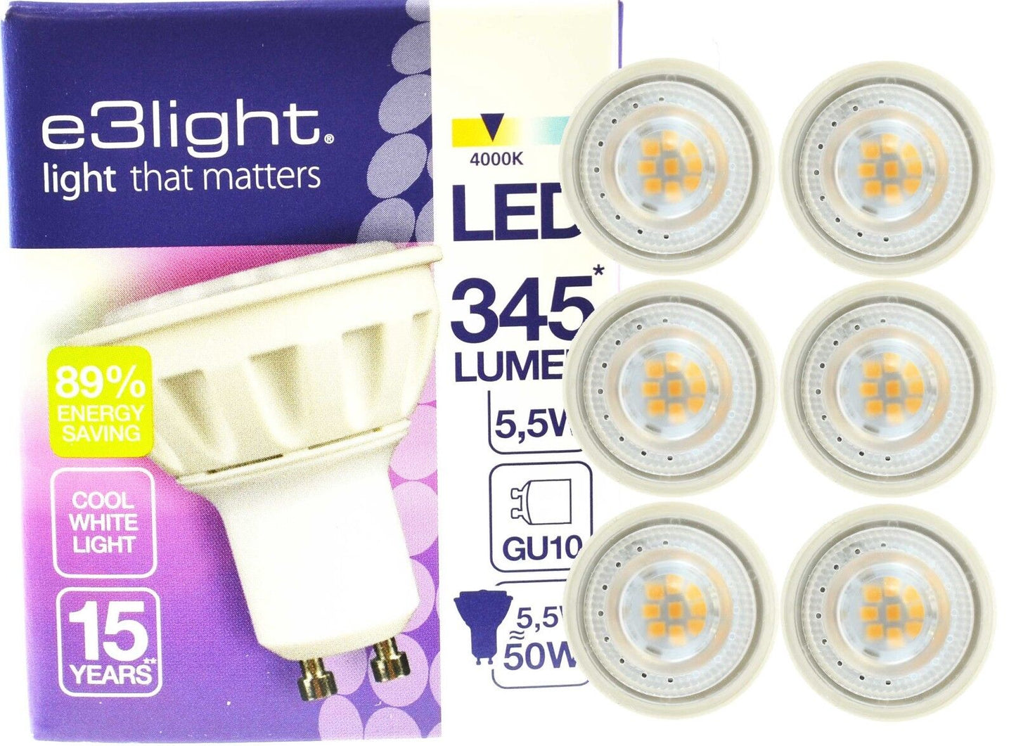 e3light GU10 LED Bulb Cool White 4000K 345 Lumens 5.5W Twin Pack 6 Pack 10 Pack