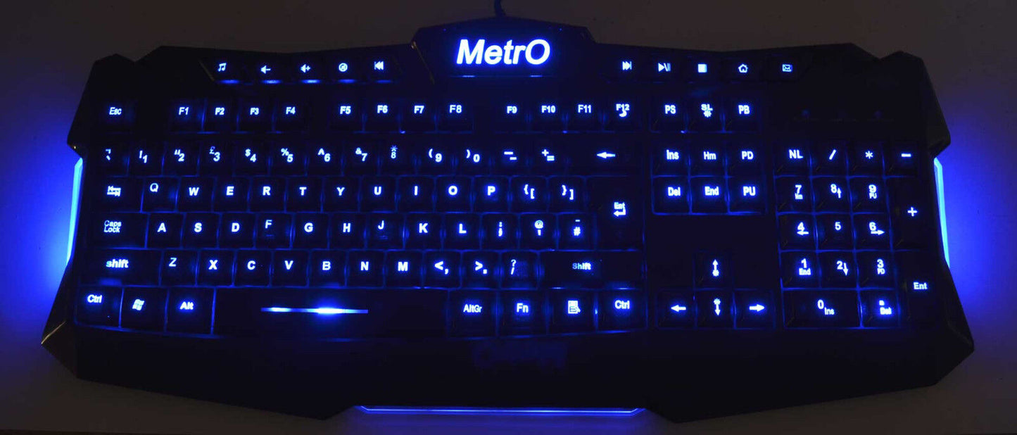 Metro Aura Illuminated Backlit LED UK USB Wired Gaming Style Keyboard 3 Colour