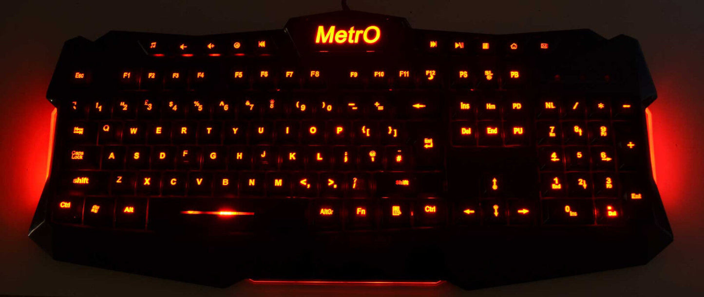 Metro Aura Illuminated Backlit LED UK USB Wired Gaming Style Keyboard 3 Colour