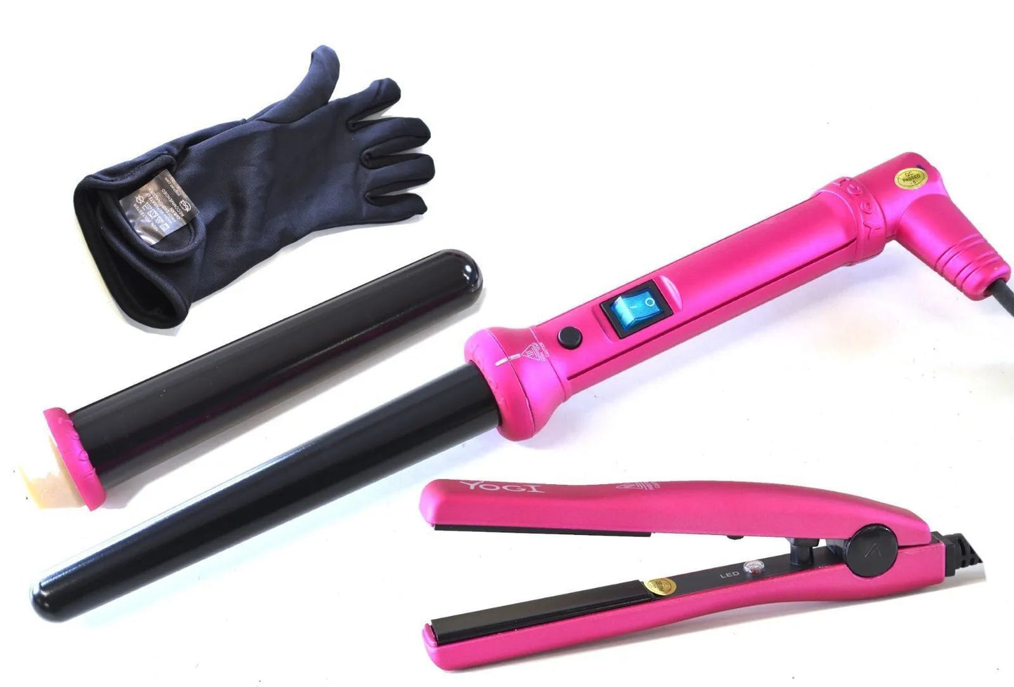 Mini Hair Straightners + Twin Barrel Curling Wand Gift Pack Yogi Metalic Pink