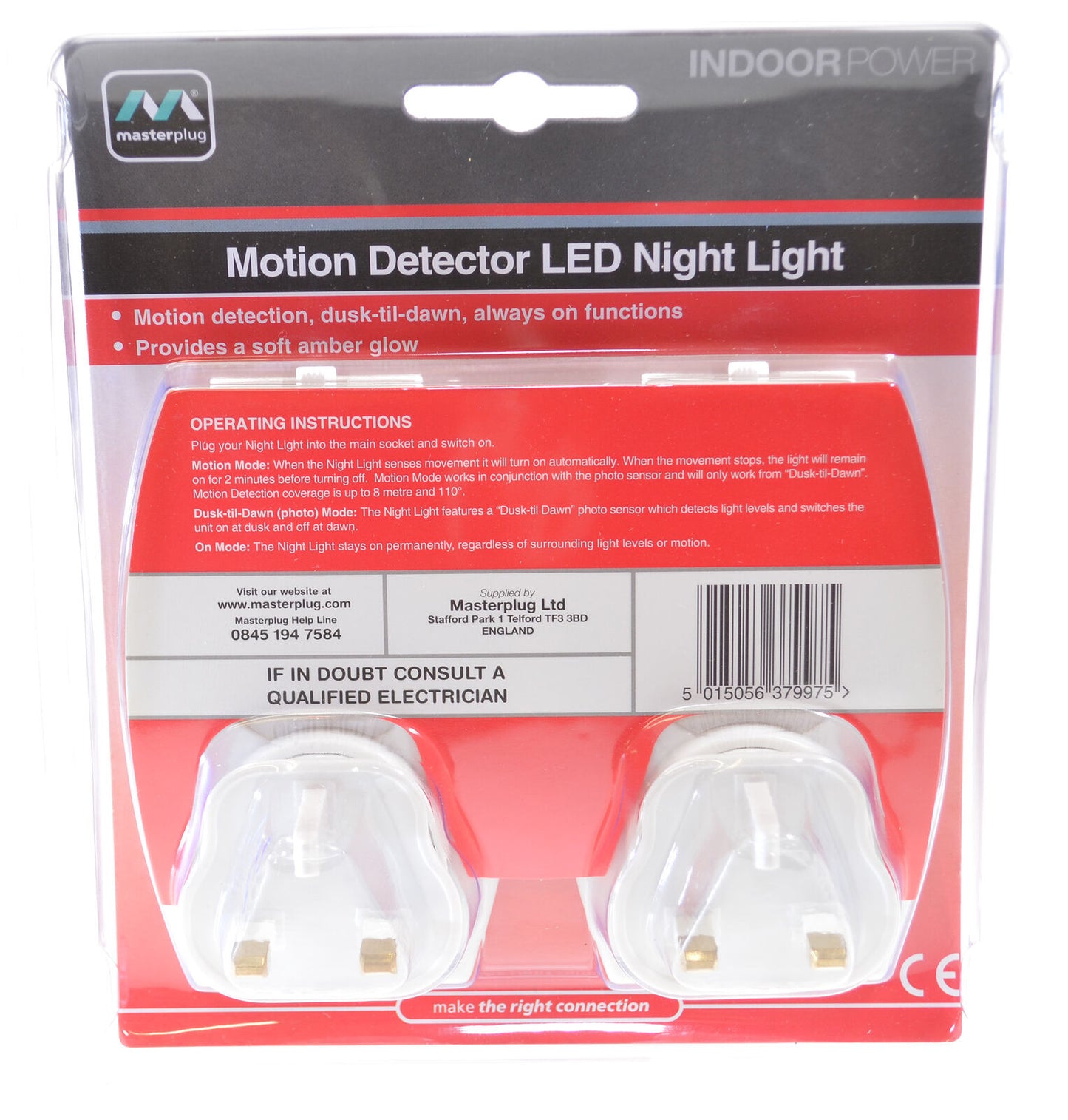 Night Light Motion Detection Dusk to Dawn MasterPlug Twin Pack LED Orange Glow