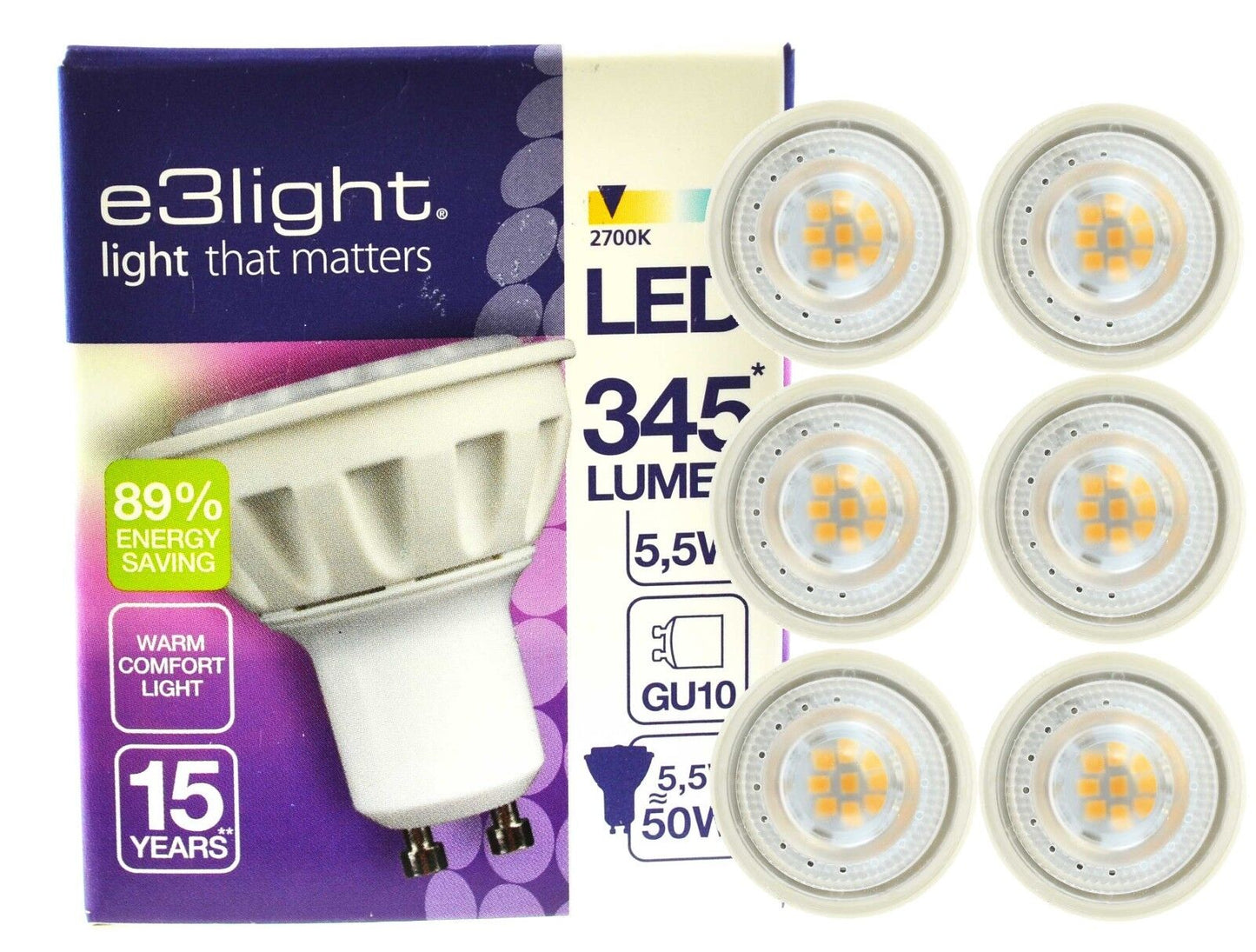 e3light GU10 LED Bulb Warm White 2700K 345 Lumens 5.5W Twin Pack 6 Pack 10 Pack