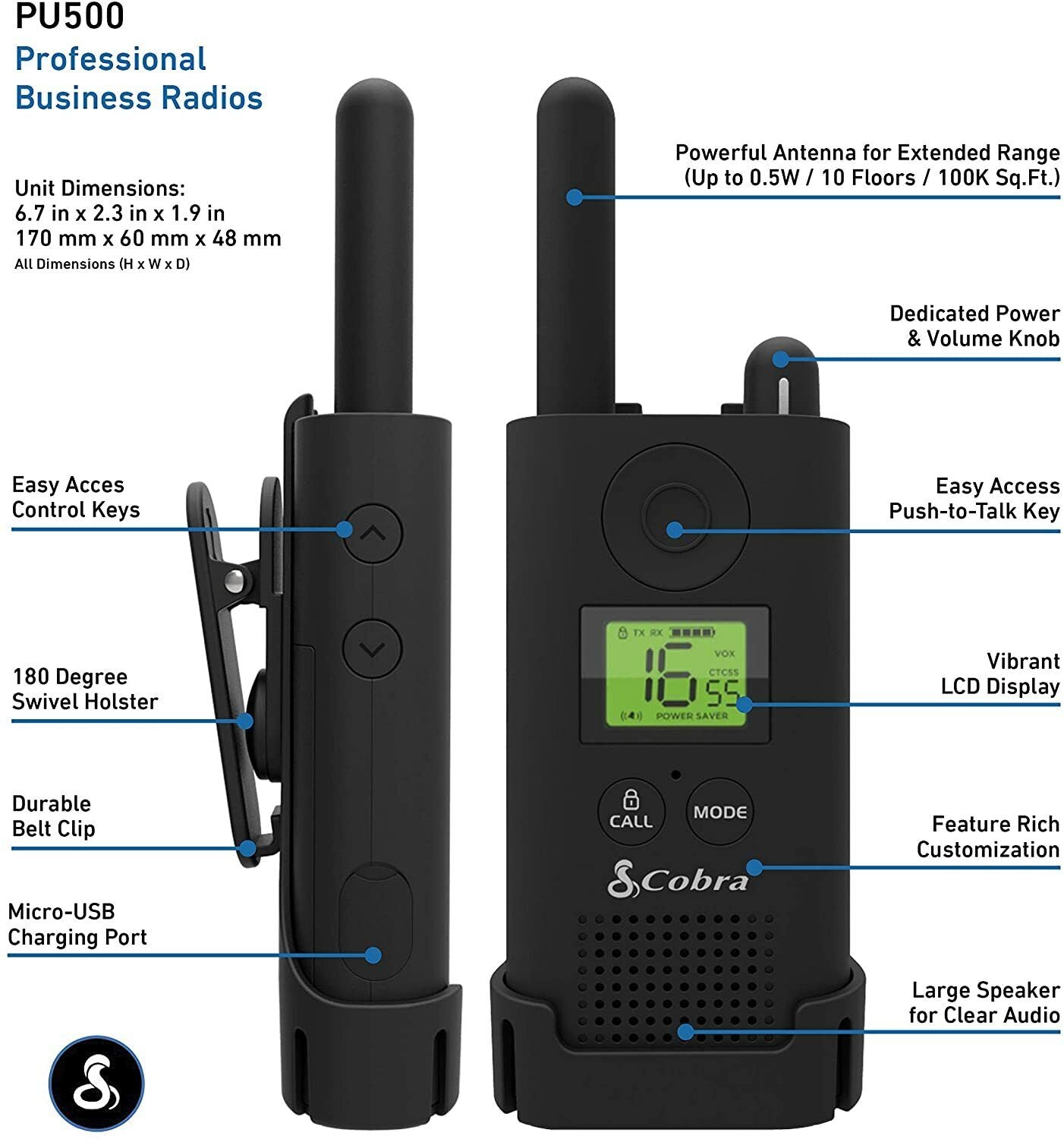 Cobra PU500 Pro Business Walkie Talkie Radio 8km Range Long Runtime 2 Pack Black