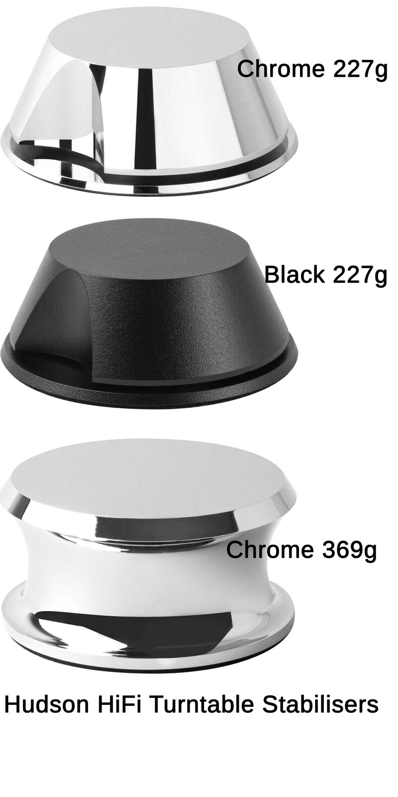 Turntable Stabiliser Weights from Hudson HiFi Black Chrome Little & Large