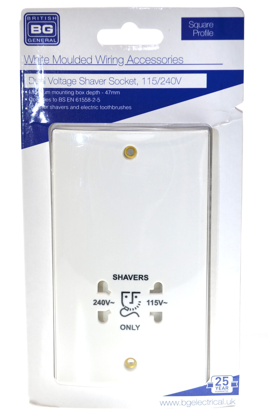 British General Square Profile White Dual Voltage Shaver Socket 115/240v