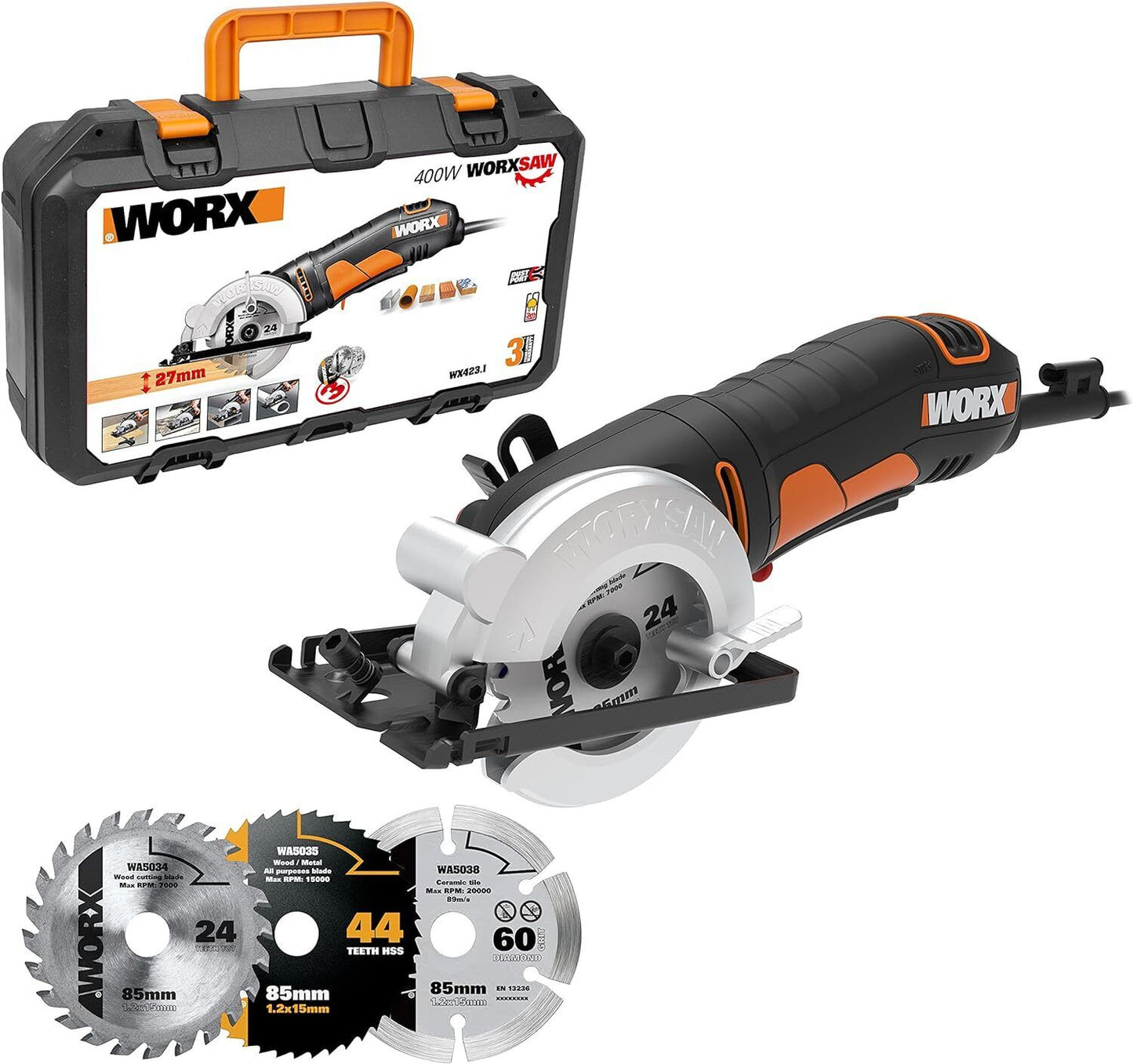 Circular Saw Compact Mains Powered + 3 Cutting Discs Worx WX423.1