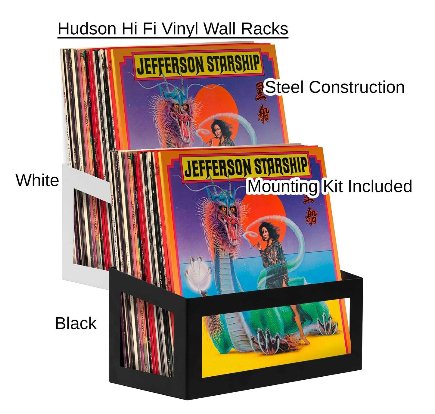 Hudson HiFi Wall Mount 12" Vinyl Record Shelf 25 Capacity Powder Coated Steel