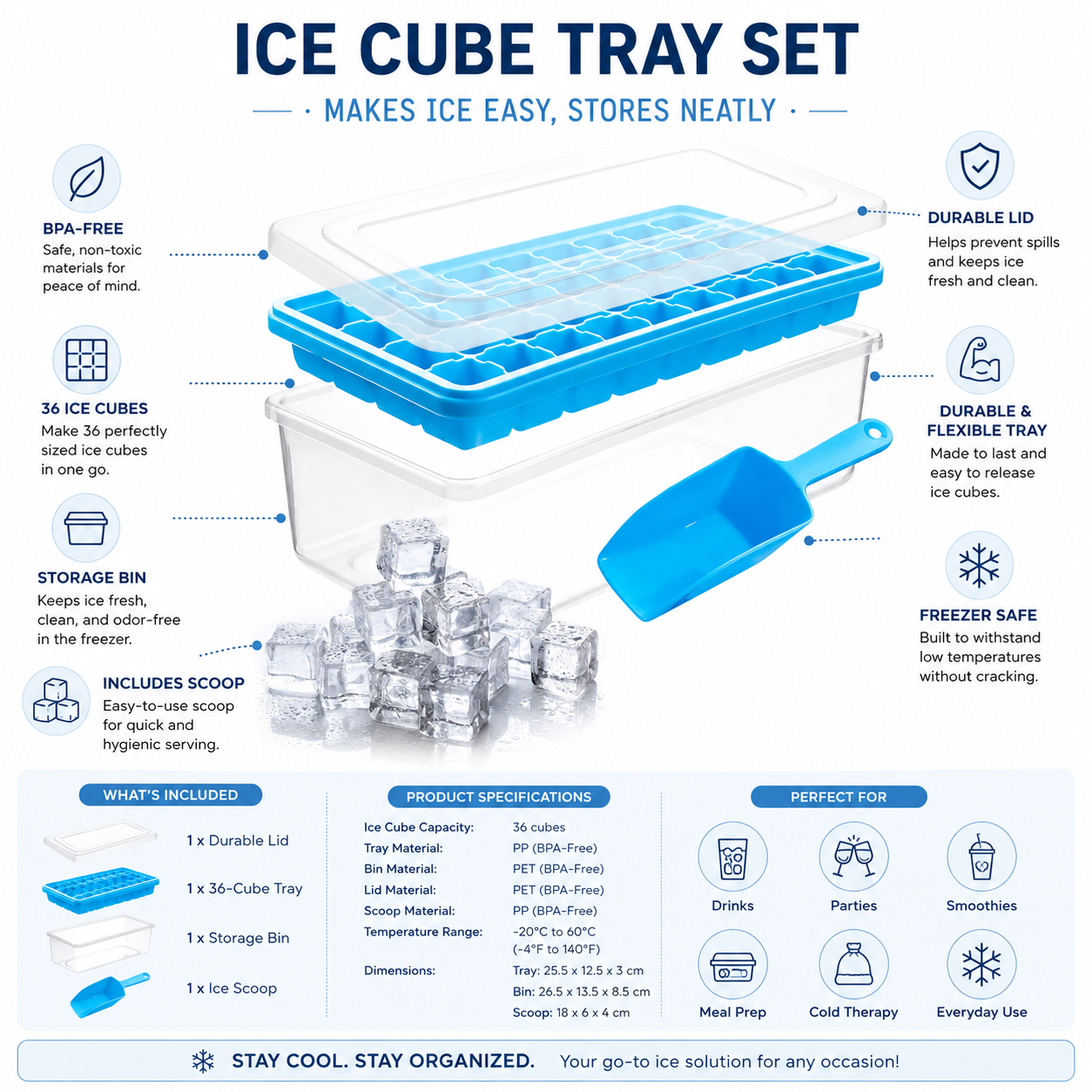 Ice Cube Maker with Tray Scoop and Lid Stackable