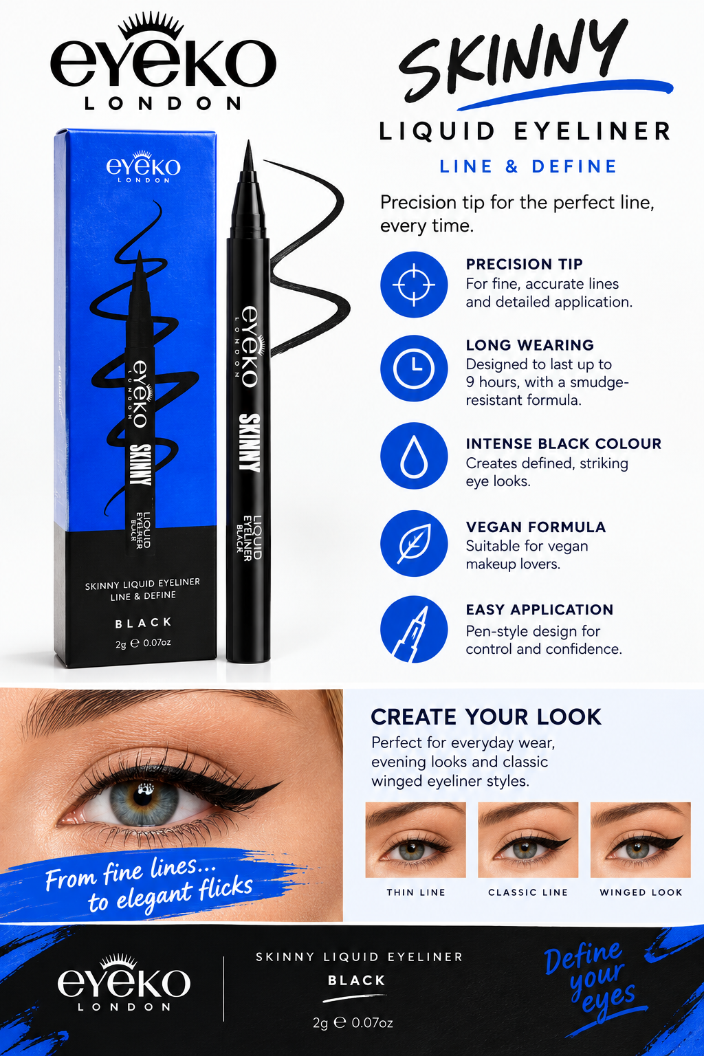 Eyeko Skinny Liquid Eye Liner Pencil Black Line & Define Felt Tip
