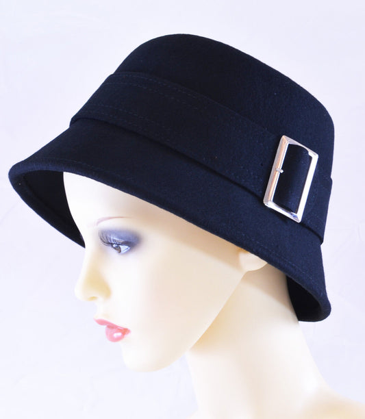 CLOCHE HAT 30's STYLE WOOL FELT DOWN BRIM PIA ROSSINI CHIARA STONE BLACK