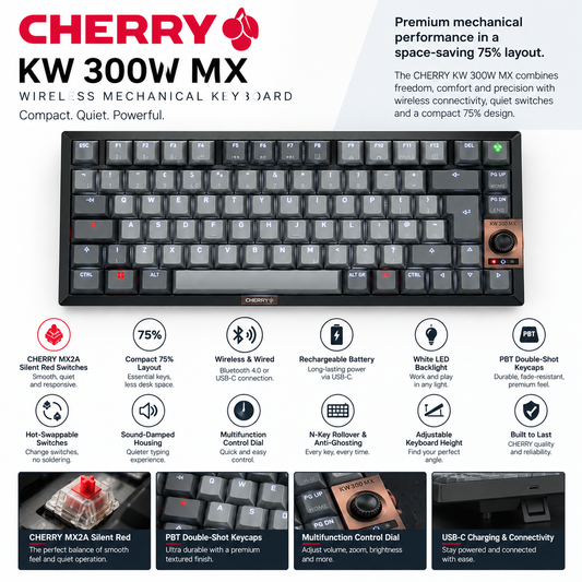 CHERRY KW 300W MX Wireless/Wired 75% Gaming Illuminated Keyboard