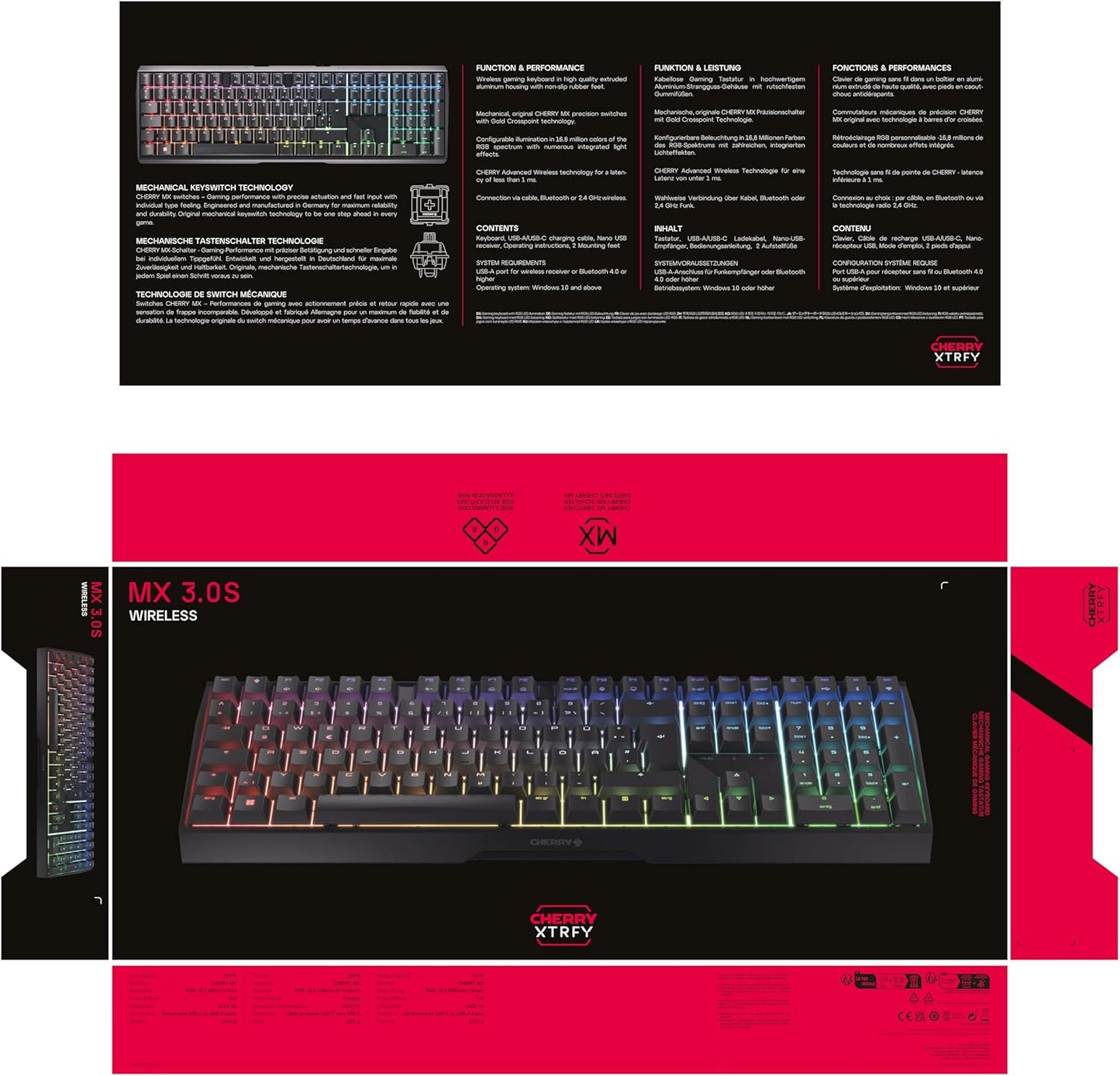 Cherry MX 3.0S Mechanical RGB Wireless Rechargeable Keyboard with Red MX Switches