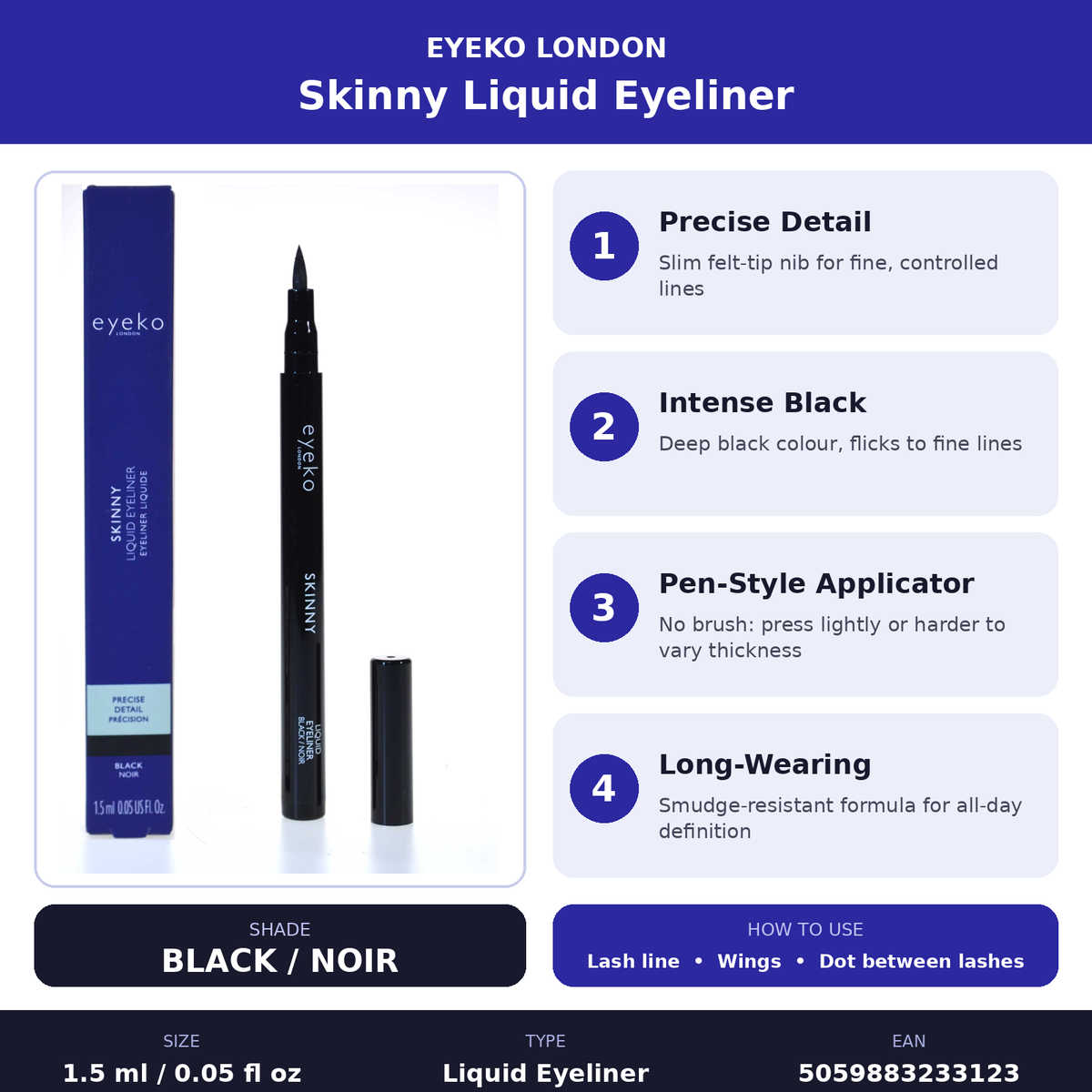 Eyeko Skinny Liquid Eyeliner Black 1.5ml Felt Tip Smudge-Resistant