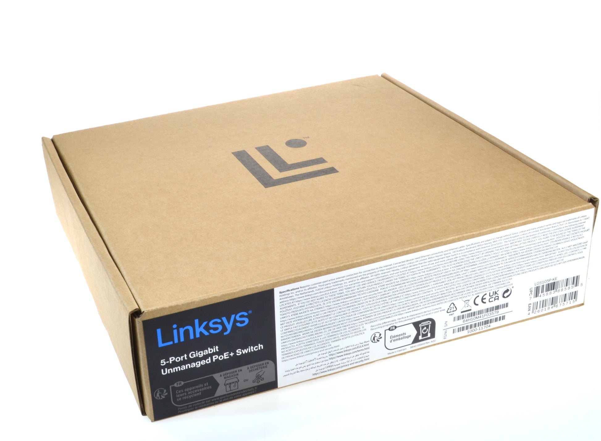 Cardboard box with Linksys switch packaging on a white background