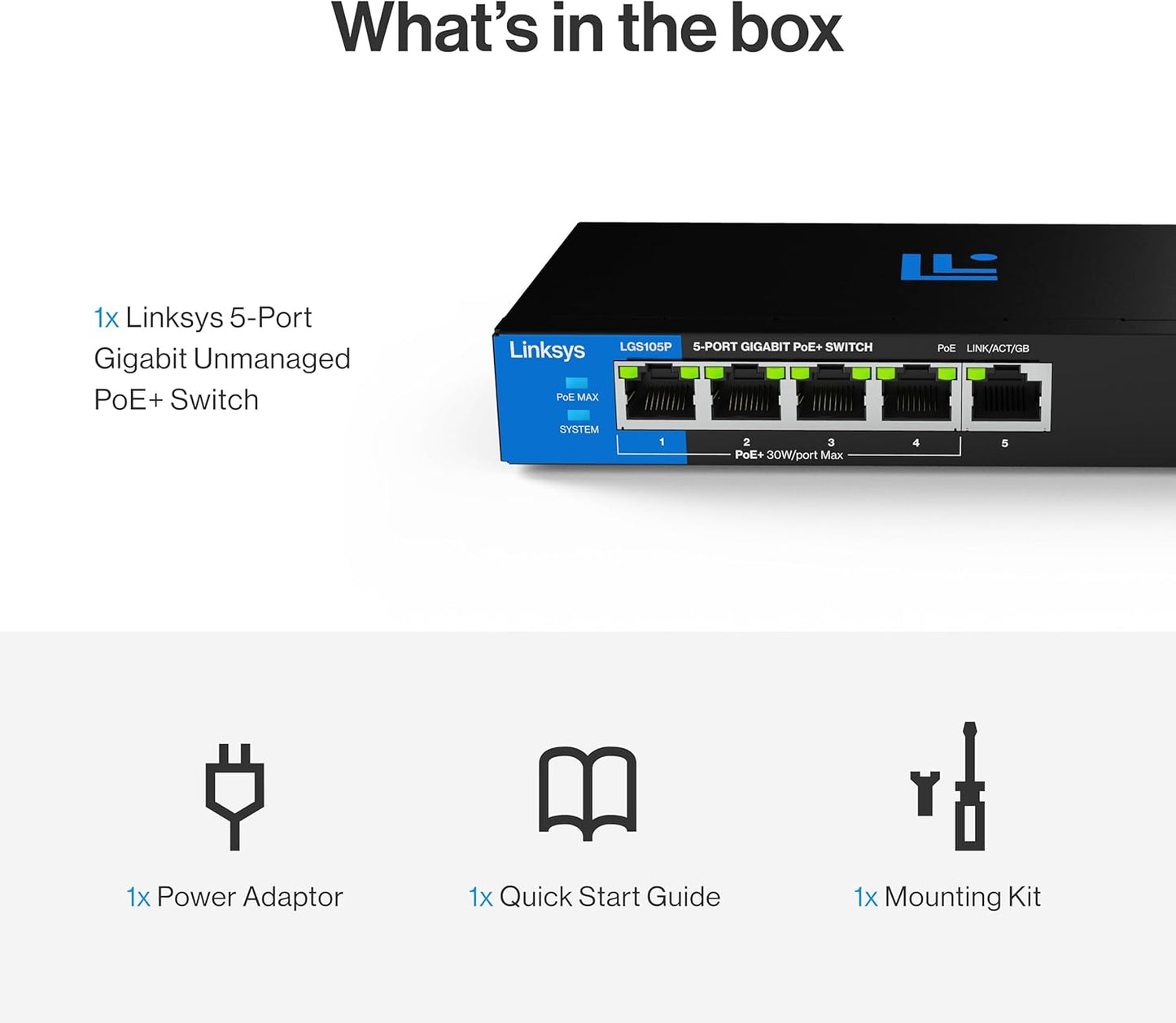 Linksys LGS105P 5 Port Gigabit PoE Switch Hub Unmanaged 60W Power Over Ethernet UK