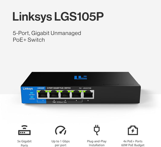 Linksys LGS105P 5-port Gigabit Unmanaged PoE+ Switch on a white background