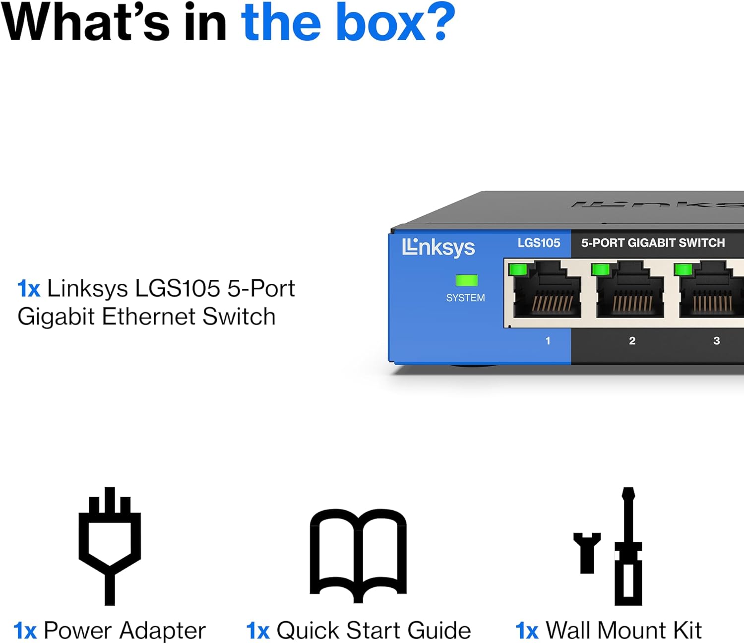 Linksys Ethernet switch with icons for power adapter, quick start guide, and wall mount kit on a white background.