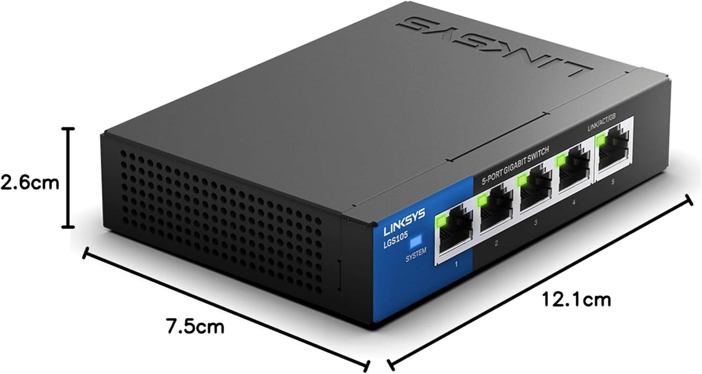 Network switch with dimensions labeled on a white background