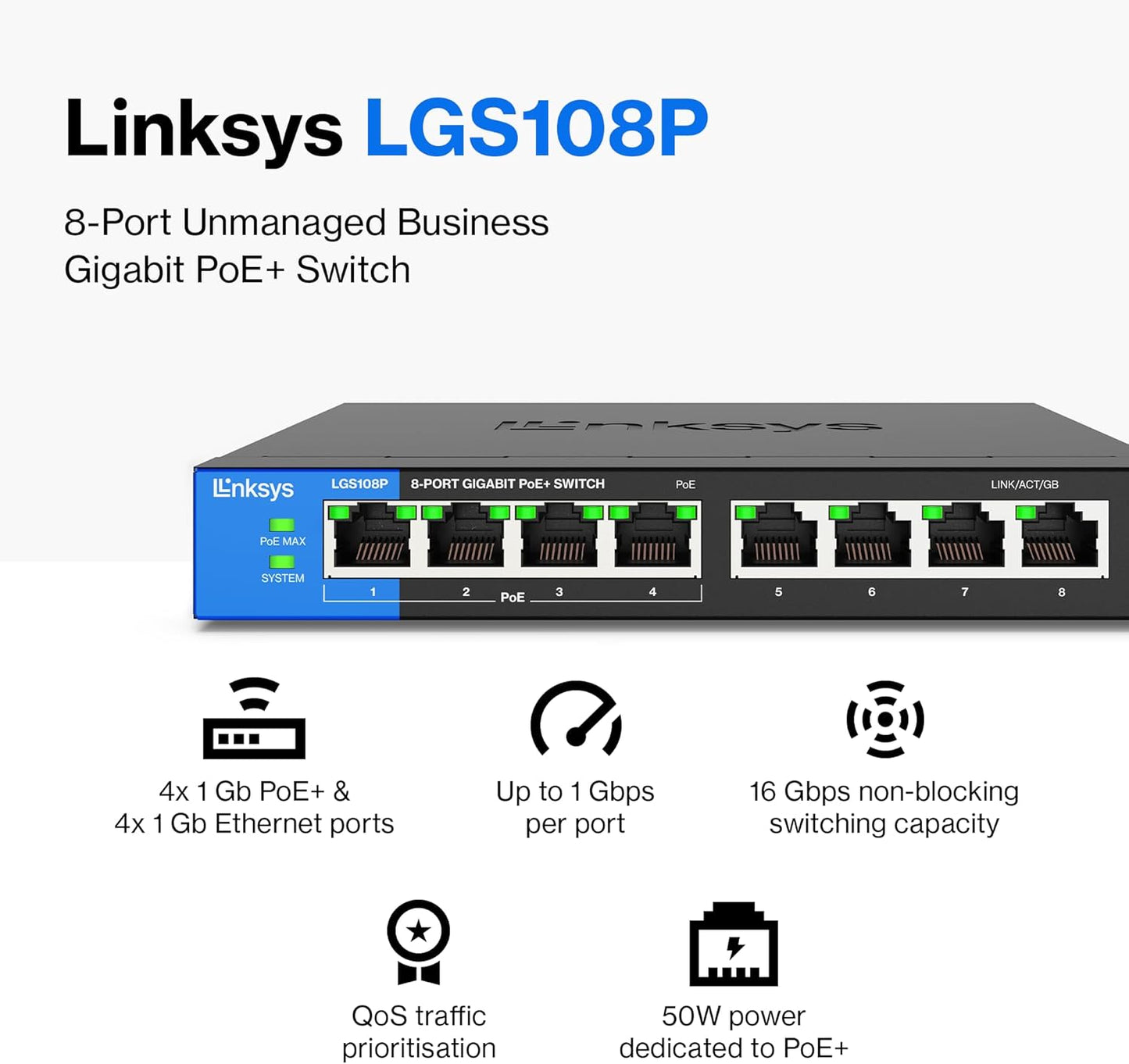 Linksys LGS108P 8 Port PoE Unmanaged Switch Gigabit 50 Watt UK Plug