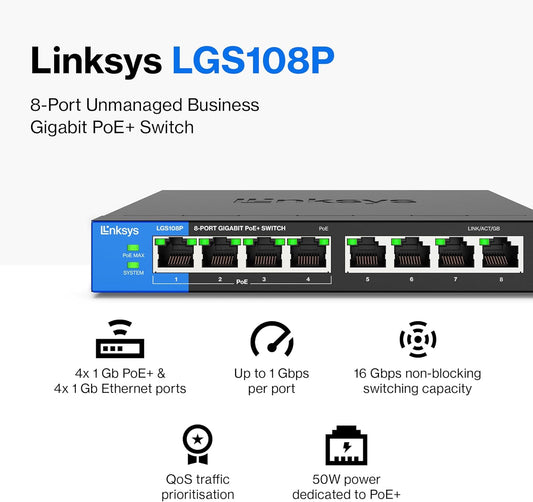 Linksys LGS108P 8 Port PoE Unmanaged Switch Gigabit 50 Watt UK Plug