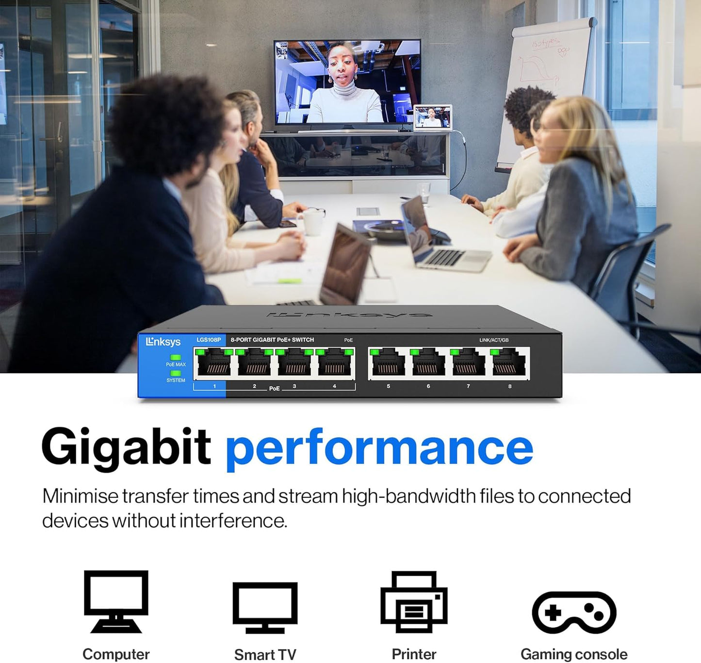 Linksys LGS108P 8 Port PoE Unmanaged Switch Gigabit 50 Watt UK Plug