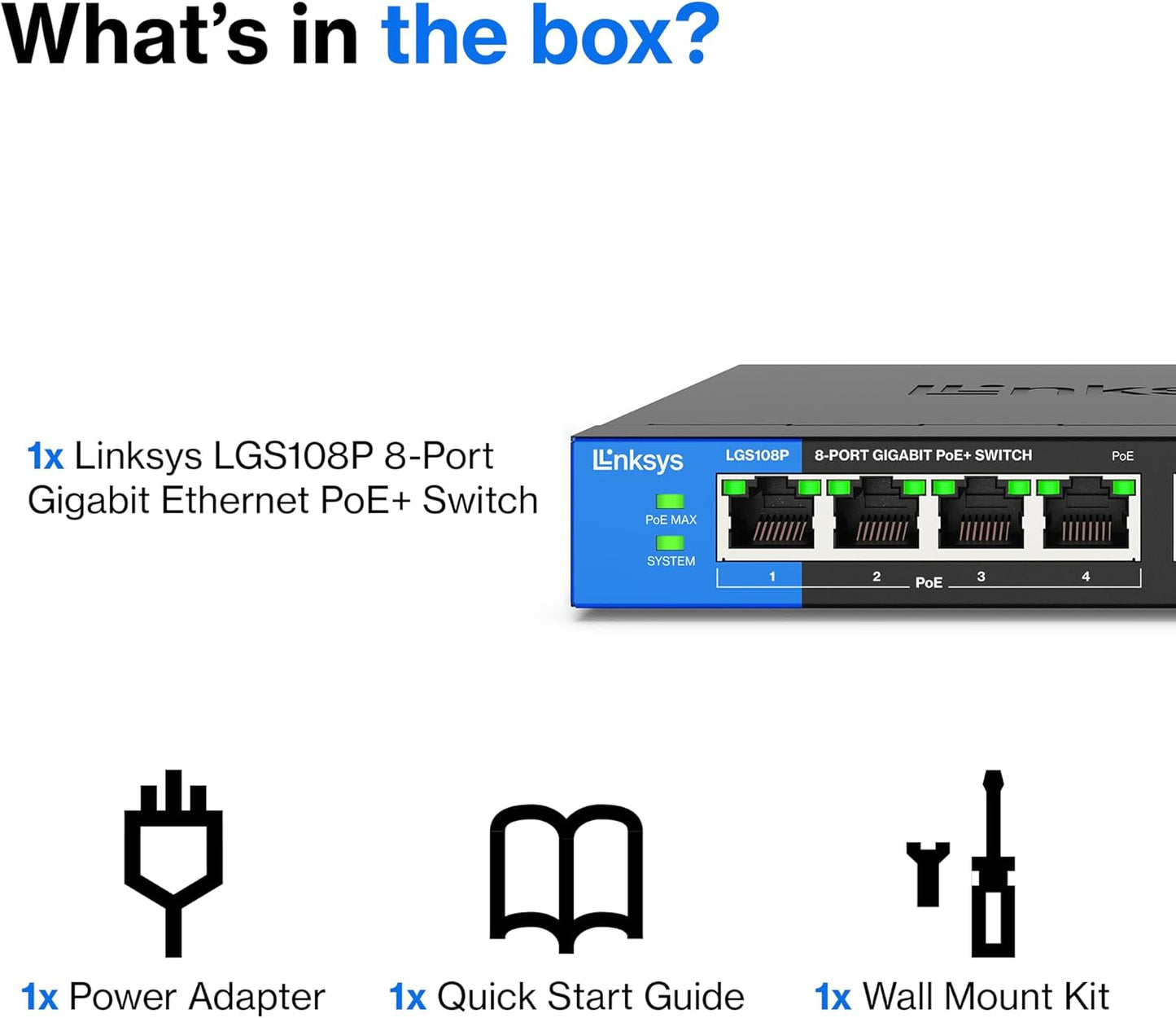 Linksys LGS108P 8 Port PoE Unmanaged Switch Gigabit 50 Watt UK Plug