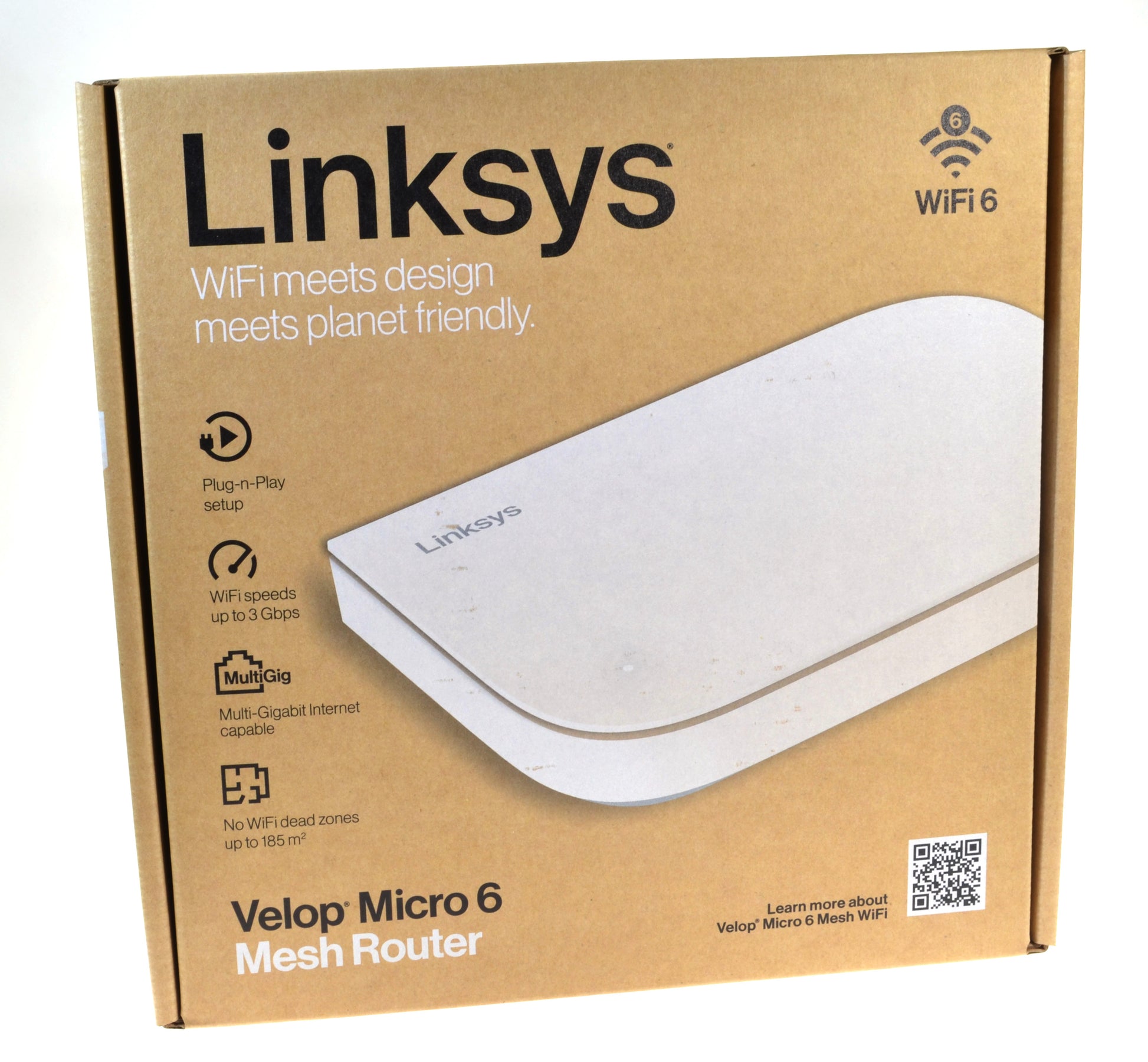 Linksys Velop Micro 6 mesh router packaging on a white background