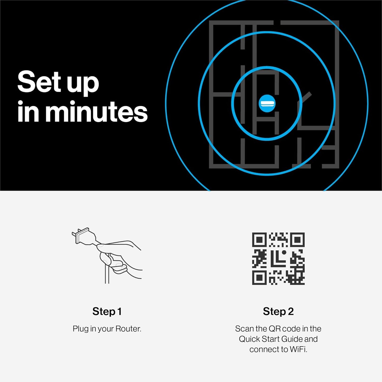 Quick setup guide with router icon, QR code, and step-by-step instructions on a black and white background.