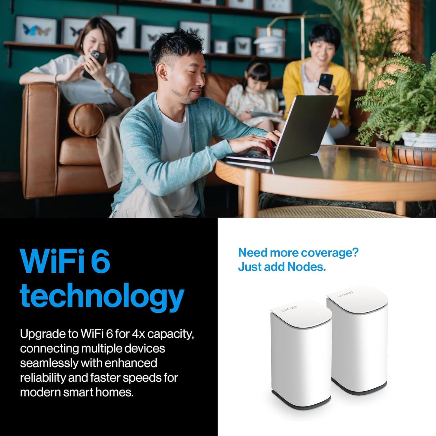 People using devices with WiFi 6 technology in a living room setting.