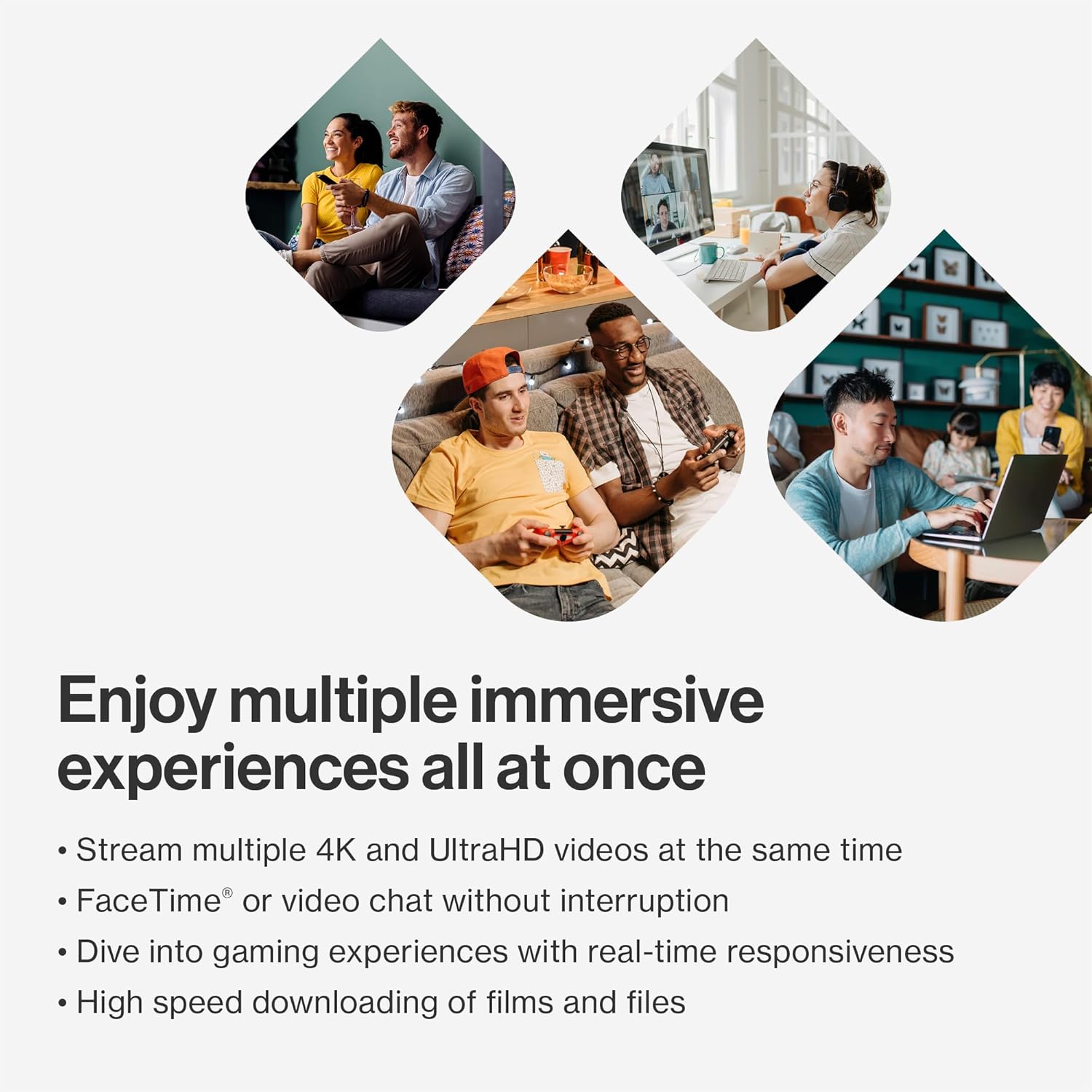 Promotional graphic with people using technology, text about immersive experiences, and a white background.