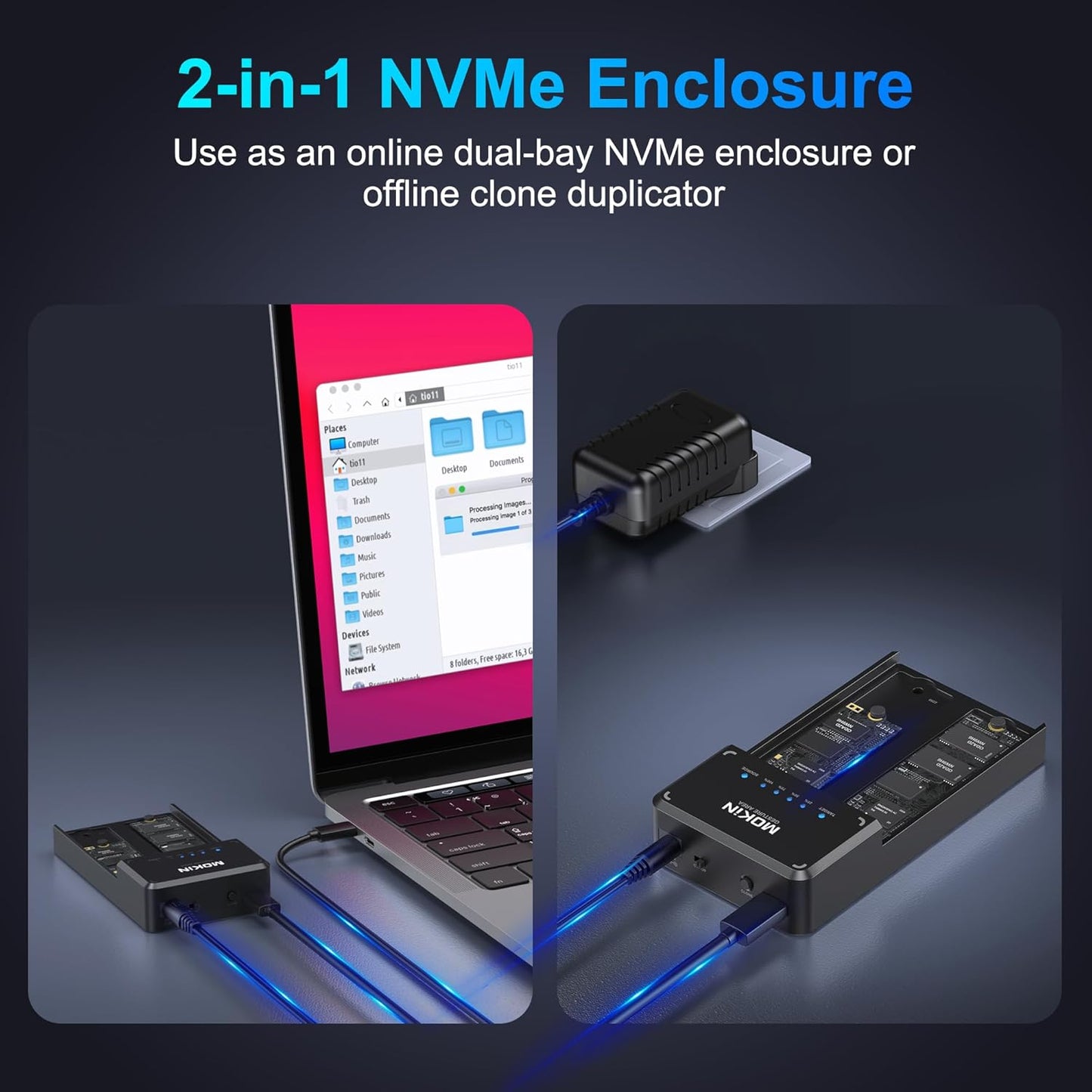 Mokin NVMe M.2 Dual Enclosure Har Drive Cloner USB-A & USB-C