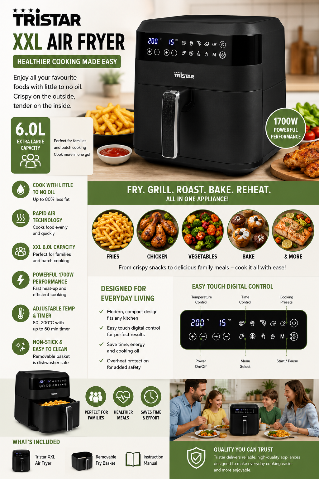Tristar Digital Air Fryer 6.0l XXL  FR6999BS 1700W